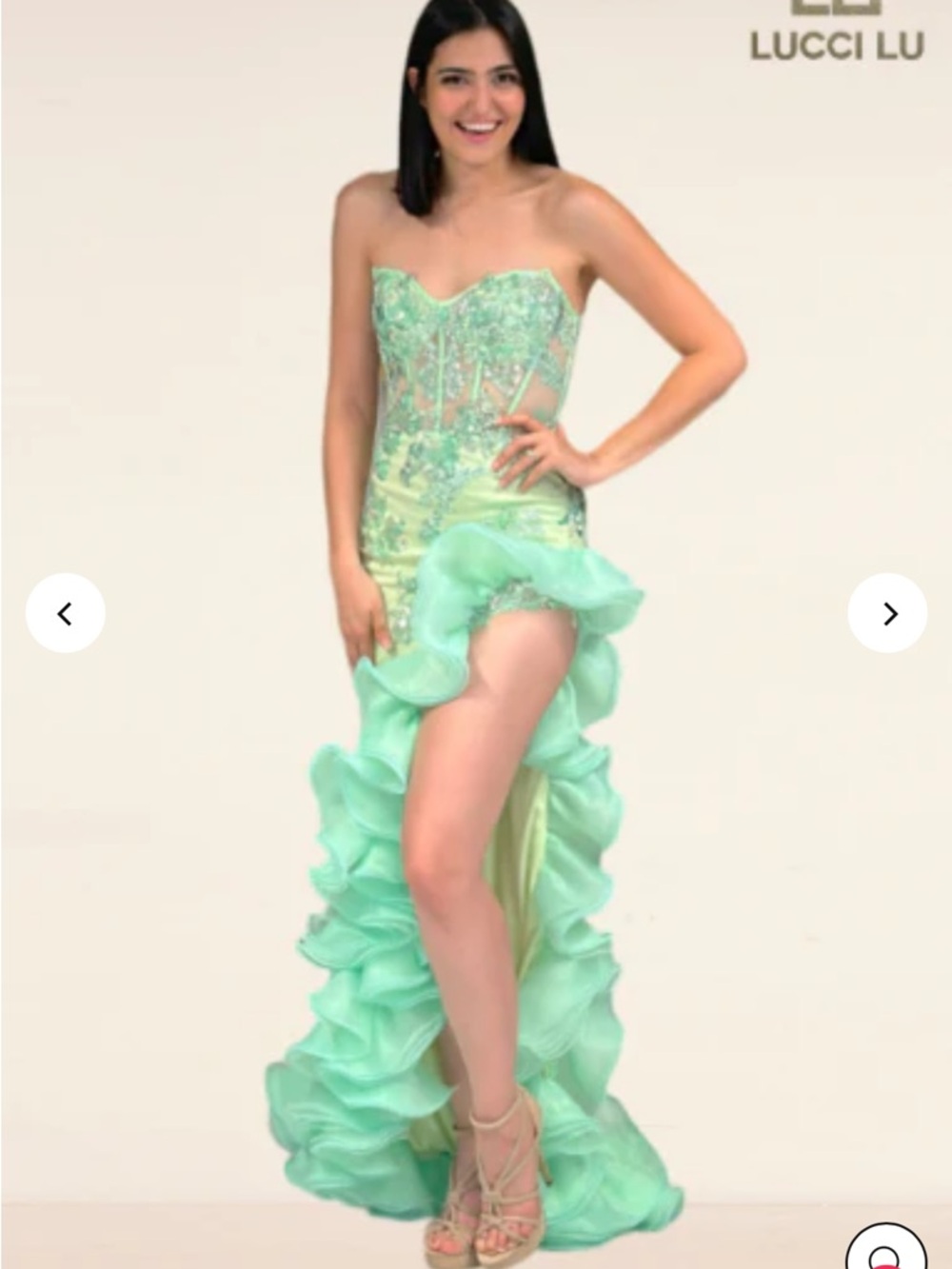 NWT Lucci Lu Neon Green Ruffle 1430 Embellished Gown 8